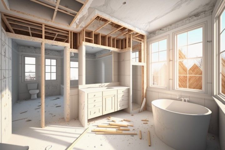 Bathroom mid-remodel with exposed wall framing, a freestanding tub already set, and a new vanity in place