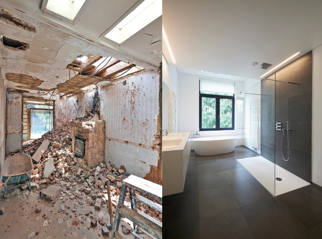 Side-by-side of a gutted room mid-demolition and the finished bathroom with a freestanding tub and walk-in shower