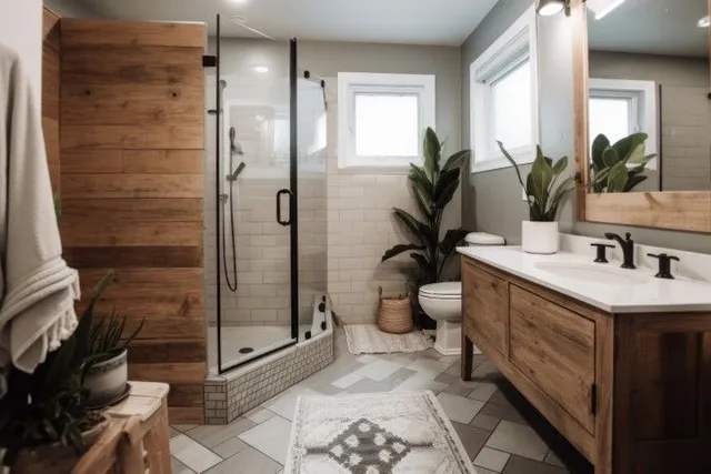 Remodeled bathroom with wood vanity and glass shower