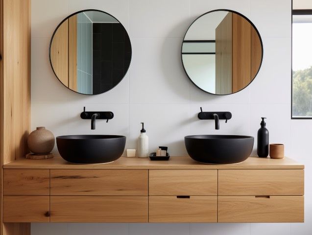 Wood floating vanity with two black vessel sinks, wall-mount faucets, and round mirrors
