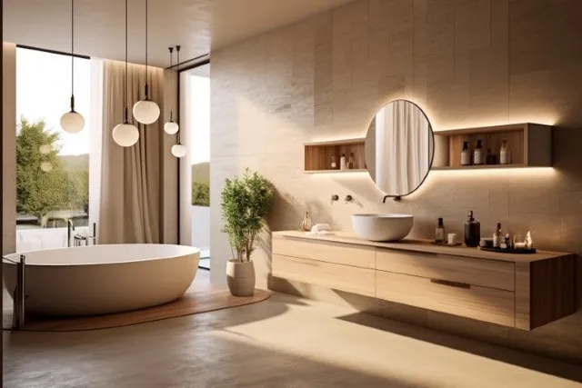 Bathroom with a freestanding soaking tub, floating wood vanity, and tiled walls