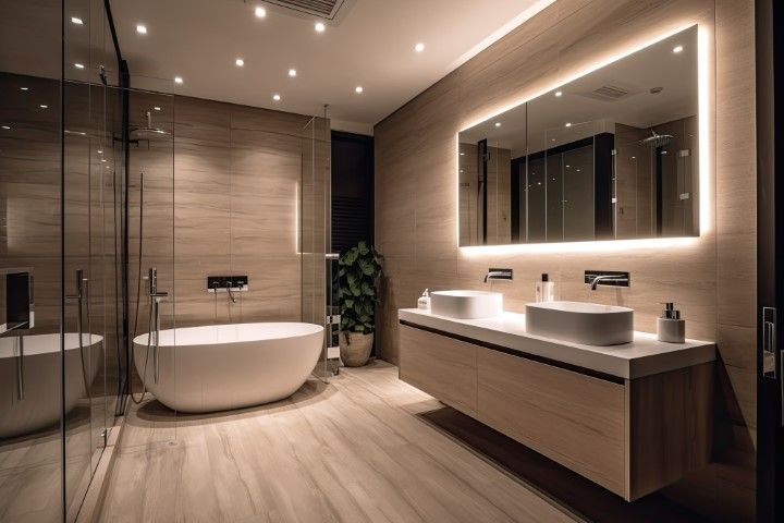 Remodeled bathroom with a floating double vanity, backlit mirror, and freestanding tub