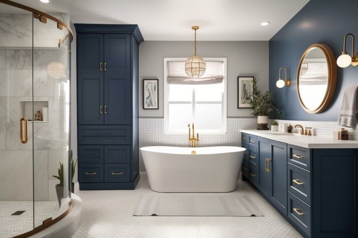 Bathroom with a navy vanity and linen tower, freestanding tub, and a curved glass shower