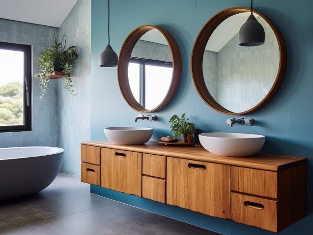 Floating wood vanity with two vessel sinks, wall-mount faucets, and round mirrors on a blue tile wall